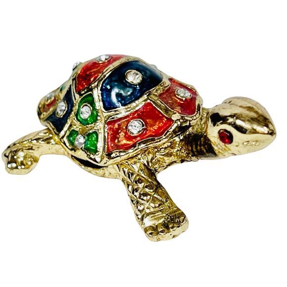 Turtle Shaped Ceramic Hinged Trinket Box Porcelain Crystals Gold Tone Multicolor - Picture 1 of 9